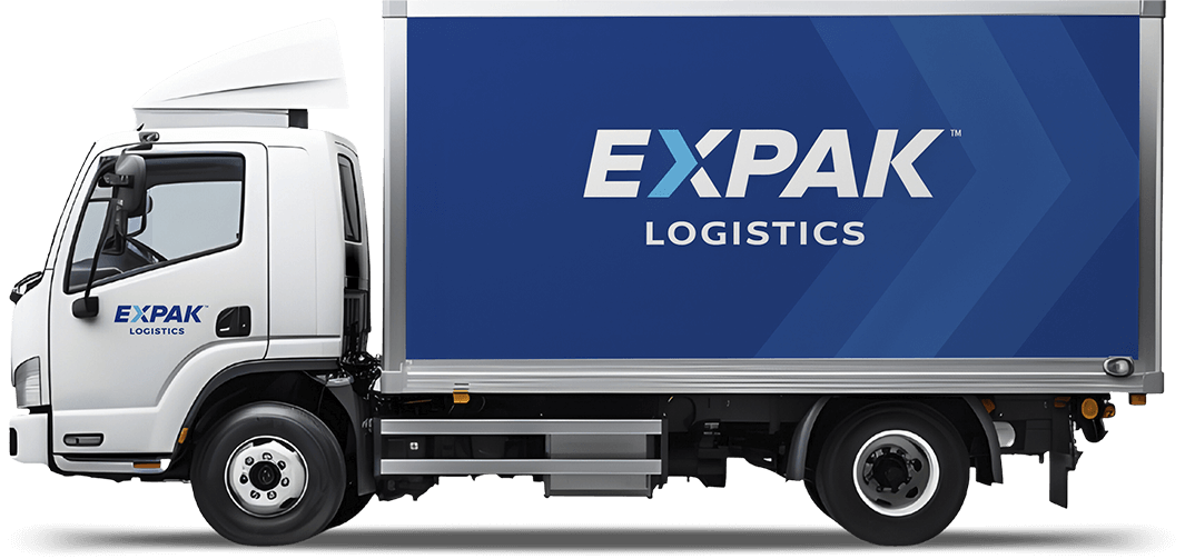 White delivery truck with "EXPAK Logistics" branding on the side, showcasing a blue and white color scheme.